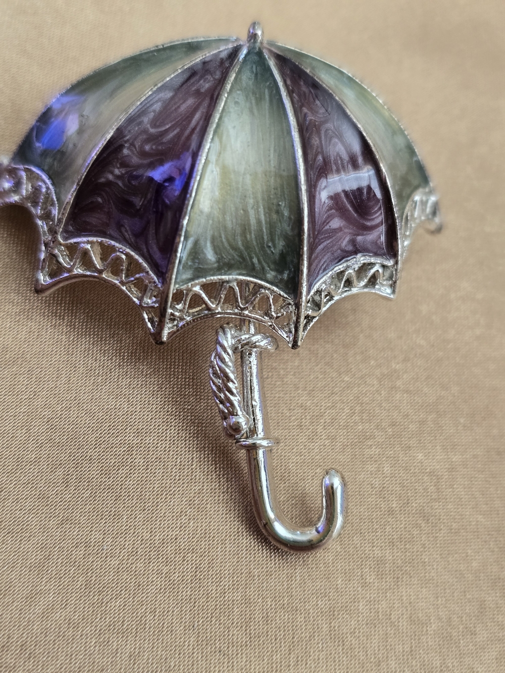 Silver Umbrella Brooch with Purple and Green Enamel